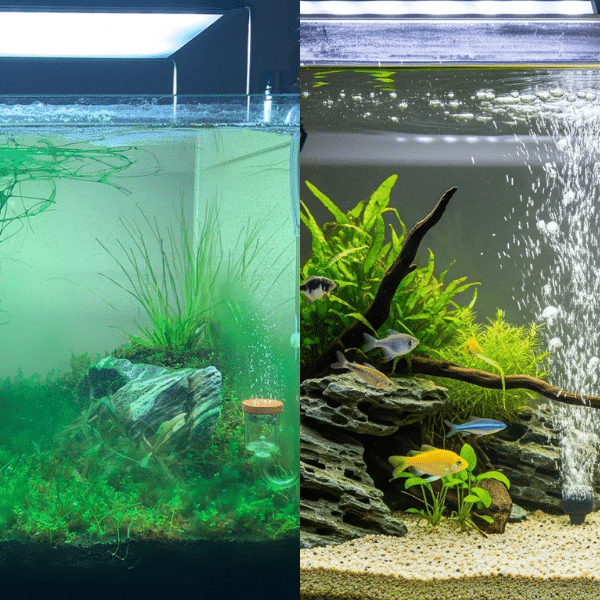 Before and after cleaning showing algae removal in saltwater tank